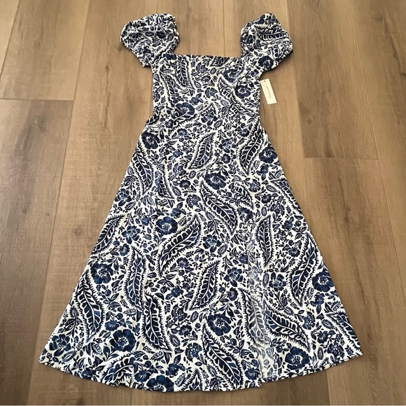 Miami of Francesca’s Square Neck Midi Dress Small Blue Front Slit Quiet Luxury - Picture 4 of 13